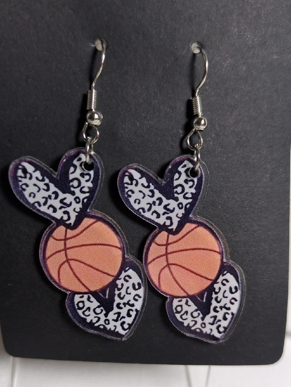 Basketball & Leopard Heart Dangle Earrings - Orange and Black